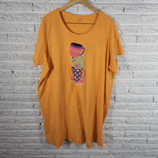 Dreams Co Womens 1X 2X  Pajama Top Orange Cotton Coffee Cup Short Sleeve ORA32E