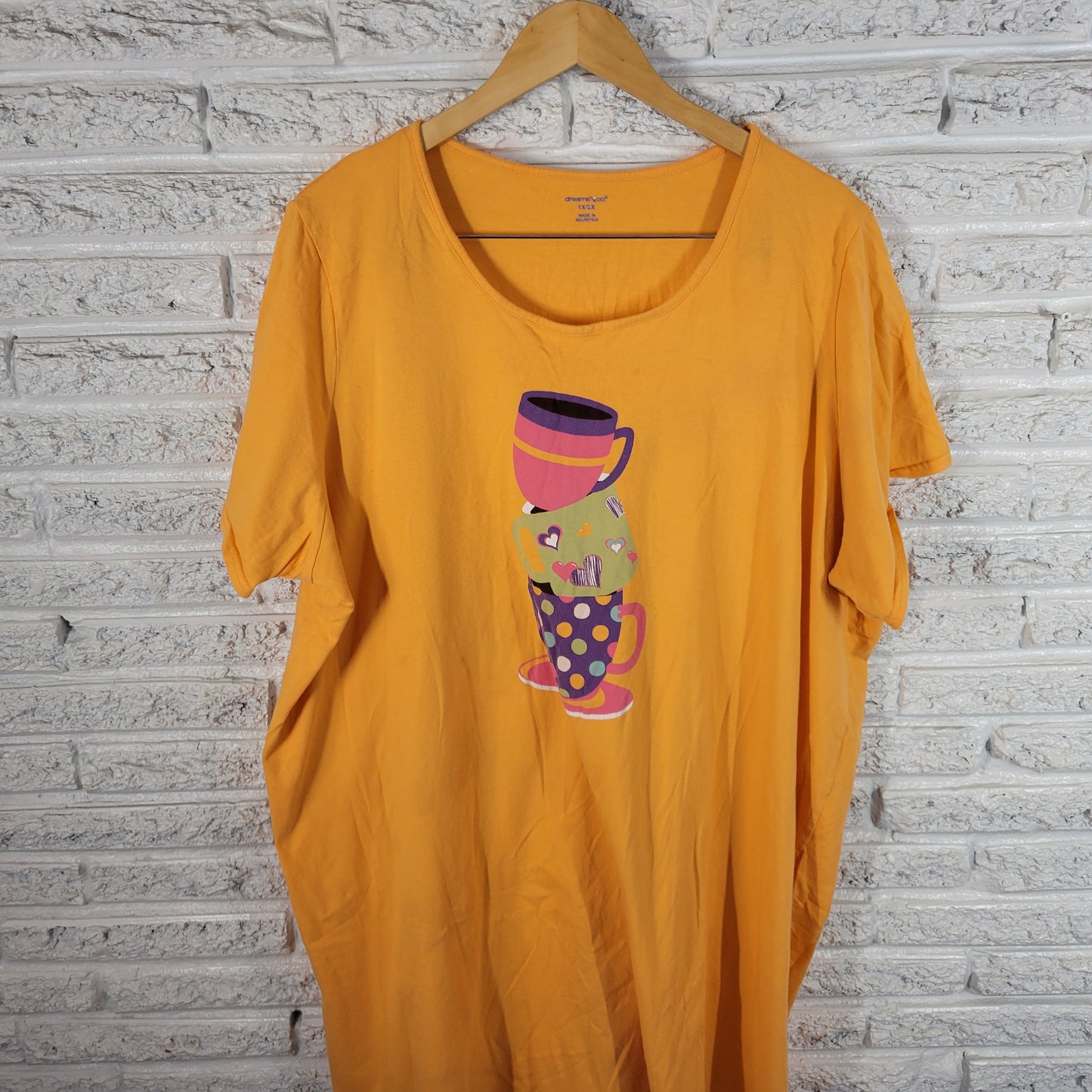 Dreams Co Womens 1X 2X  Pajama Top Orange Cotton Coffee Cup Short Sleeve ORA32E