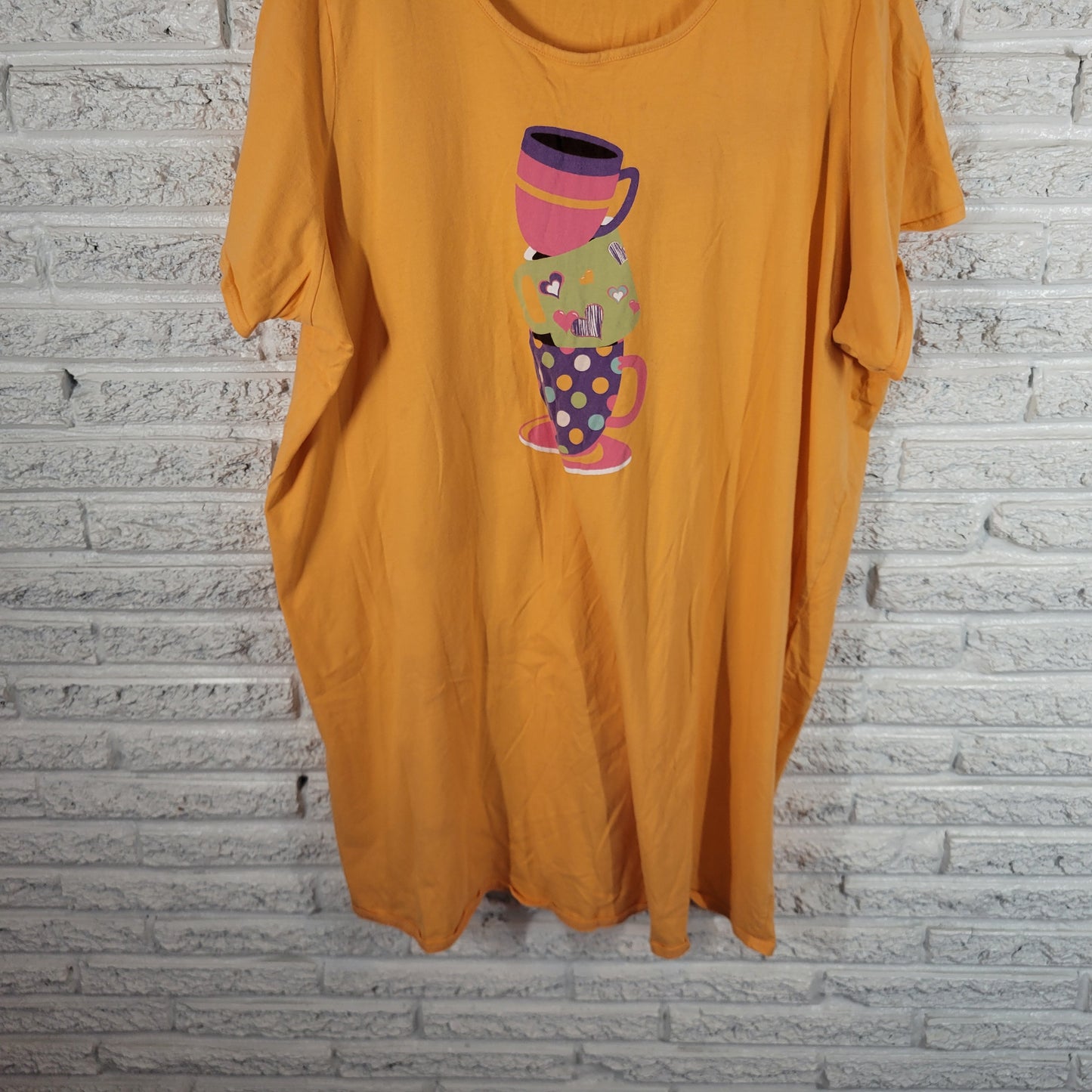Dreams Co Womens 1X 2X  Pajama Top Orange Cotton Coffee Cup Short Sleeve ORA32E