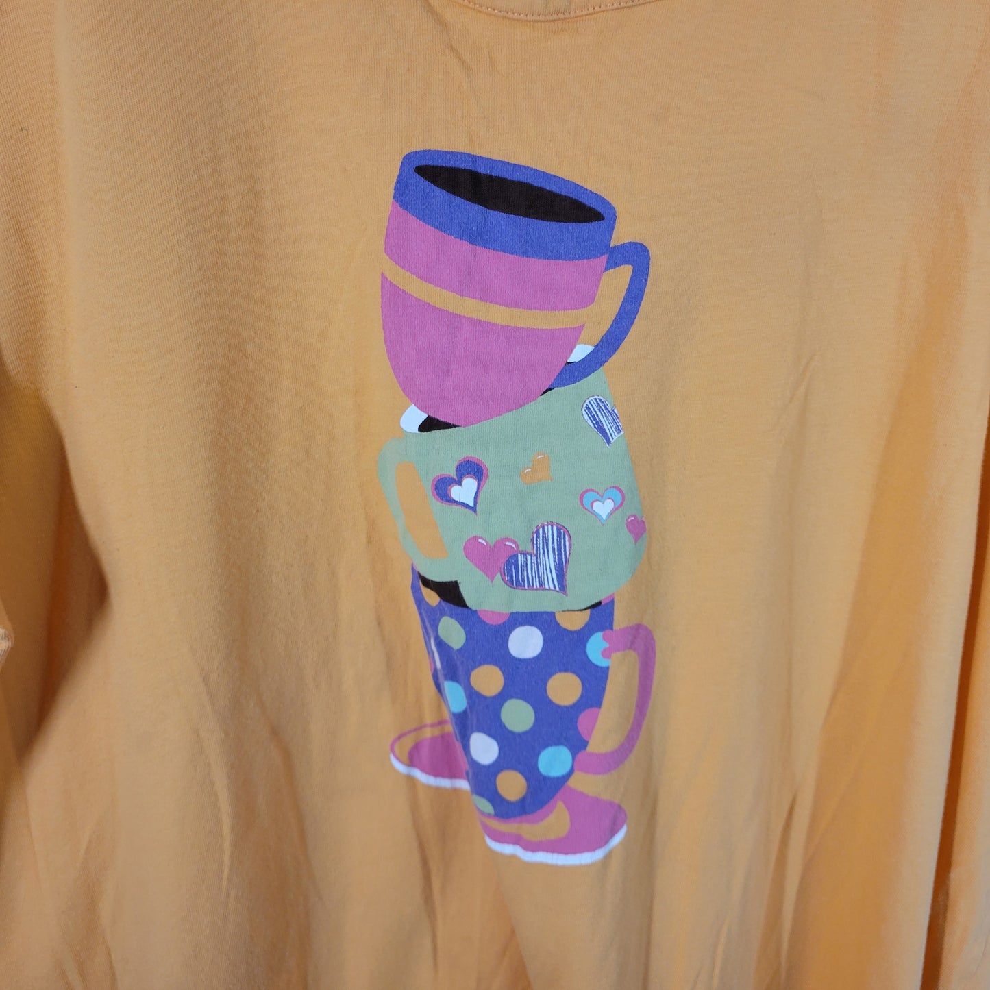 Dreams Co Womens 1X 2X  Pajama Top Orange Cotton Coffee Cup Short Sleeve ORA32E