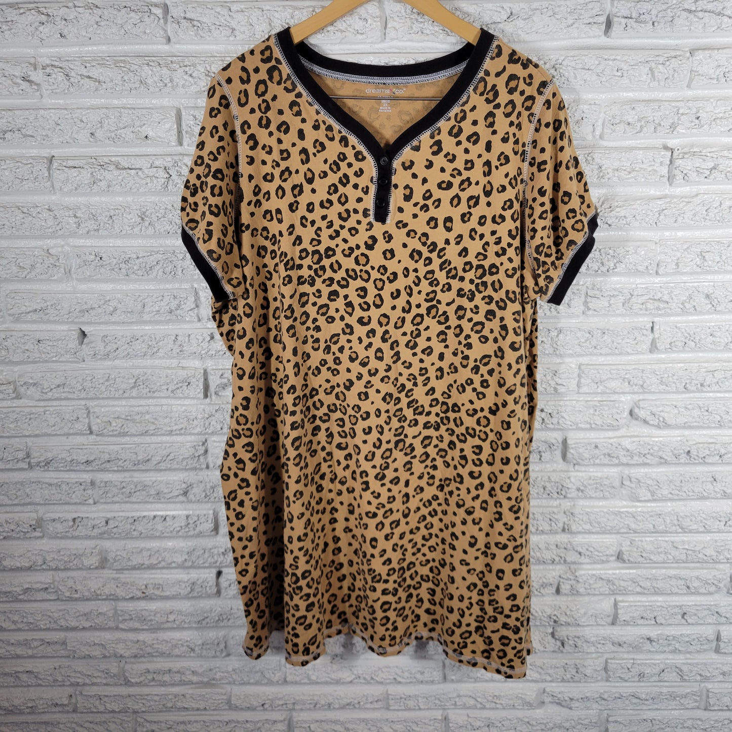Dreams Co Womens 2X Pajama Top Nightgown Tan Black Animal Print Cotton ANI44E