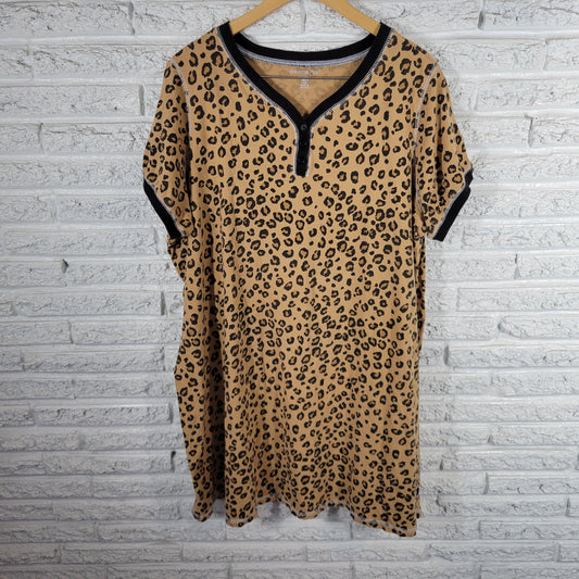 Dreams Co Womens 2X Pajama Top Nightgown Tan Black Animal Print Cotton ANI44E