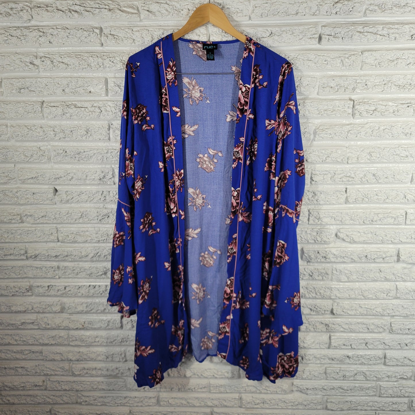 Rue + Women 1X Blue Floral Rayon Open Duster Cardigan Long Sleeve FLO114XE