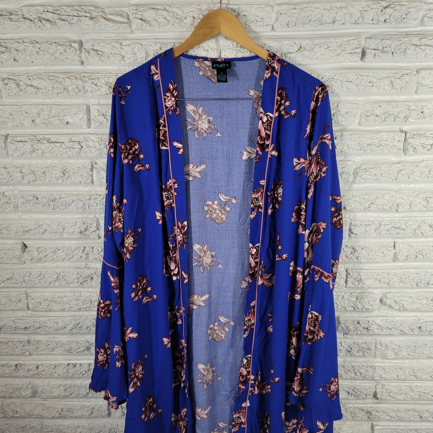 Rue + Women 1X Blue Floral Rayon Open Duster Cardigan Long Sleeve FLO114XE