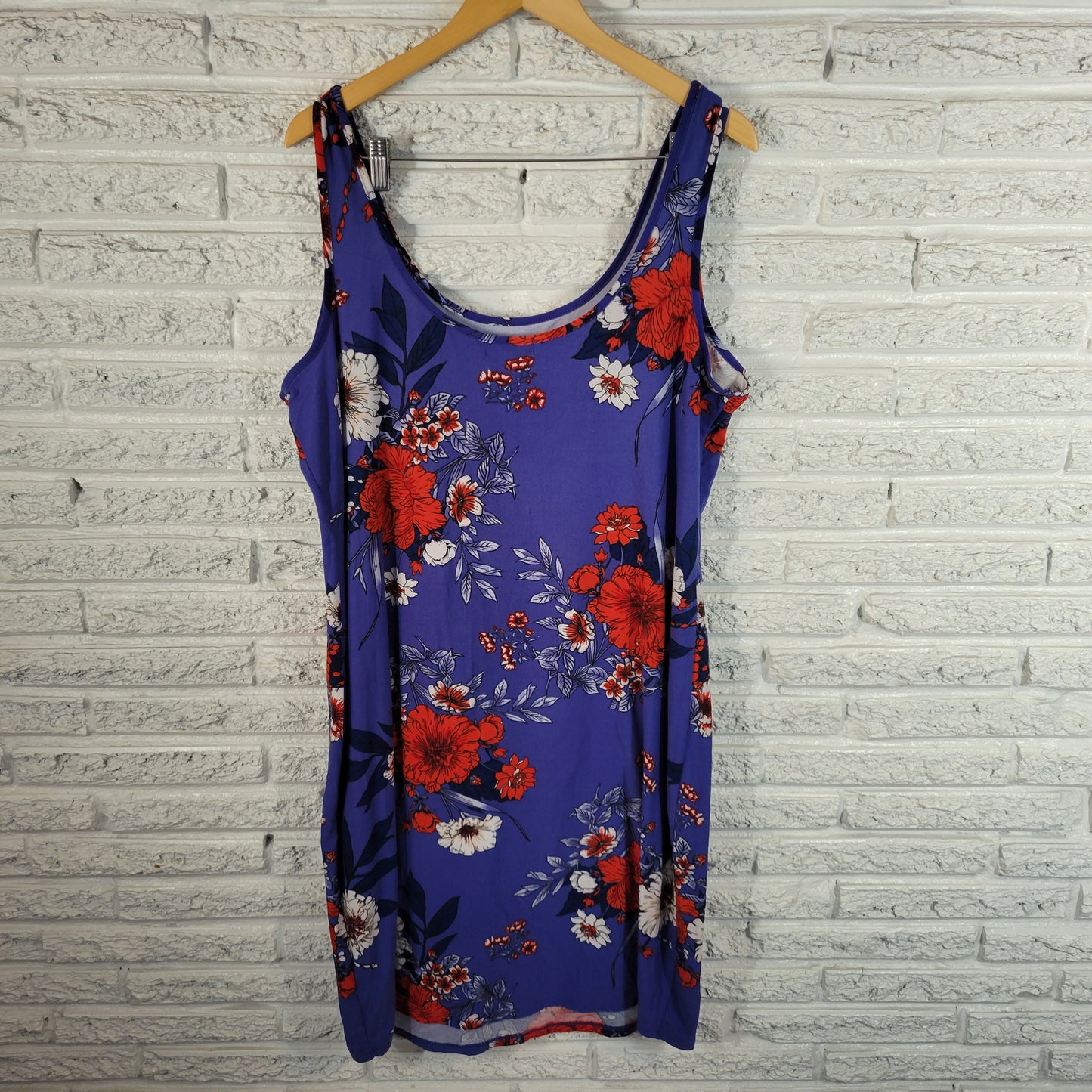 Derek Heart Womens 2X Tank Dress Blue Red Floral Knee Length Stretch FLO85XE