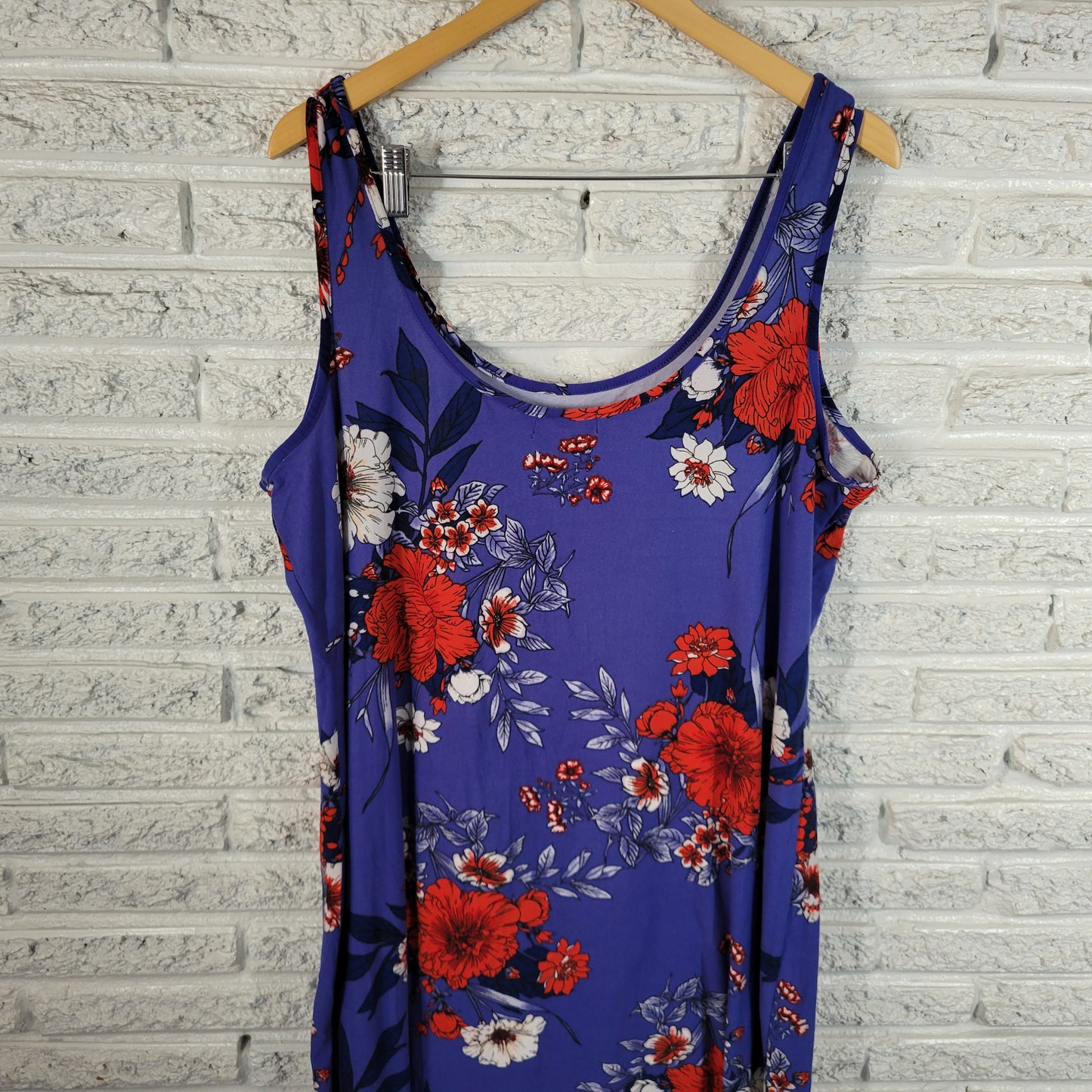 Derek Heart Womens 2X Tank Dress Blue Red Floral Knee Length Stretch FLO85XE
