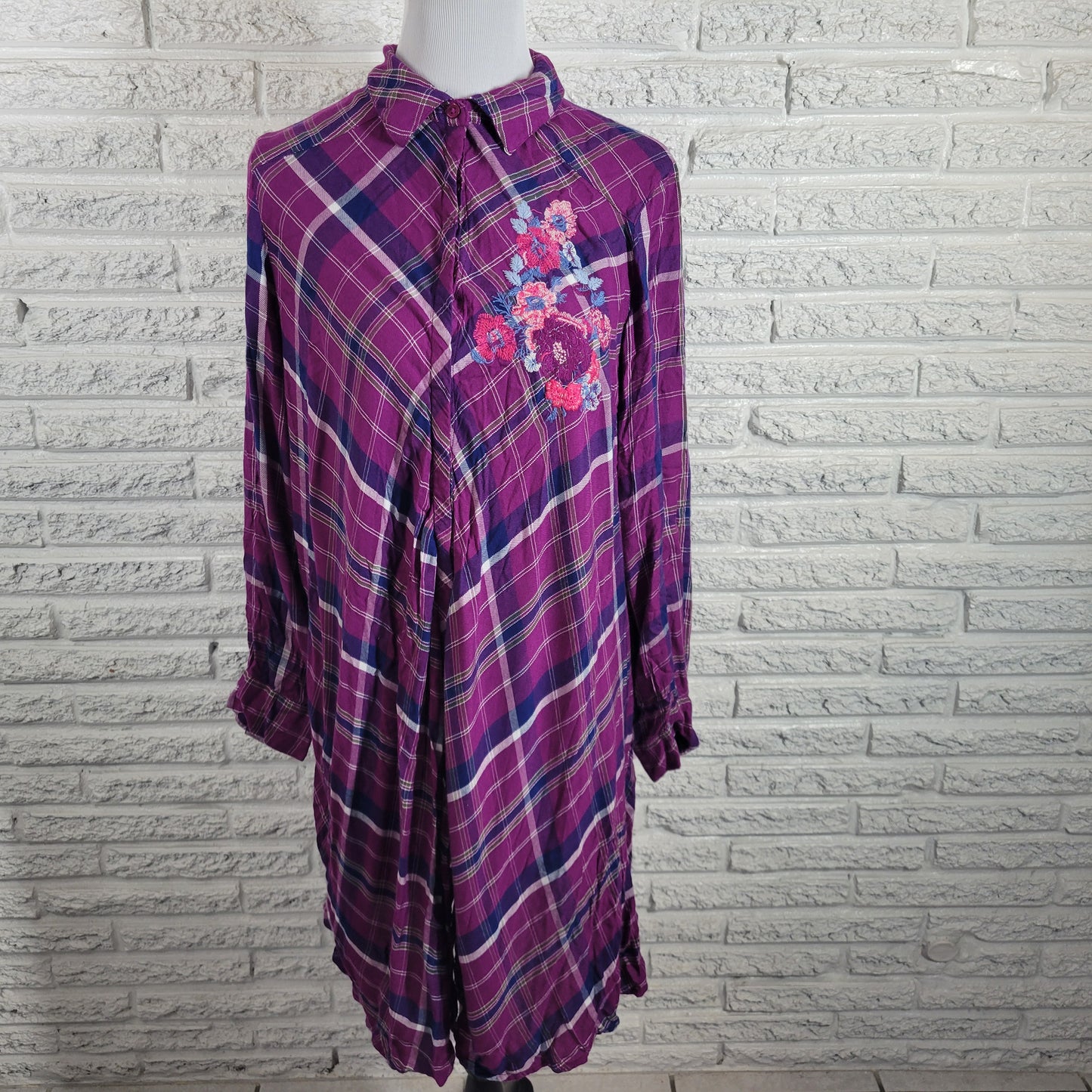 Roamans Long Tunic 16W Womens Purple Plaid Partially Open Embroidered PLA1E