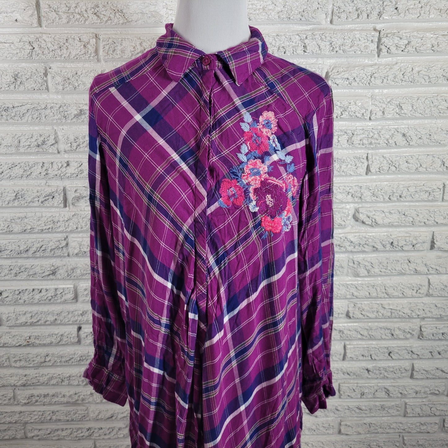 Roamans Long Tunic 16W Womens Purple Plaid Partially Open Embroidered PLA1E