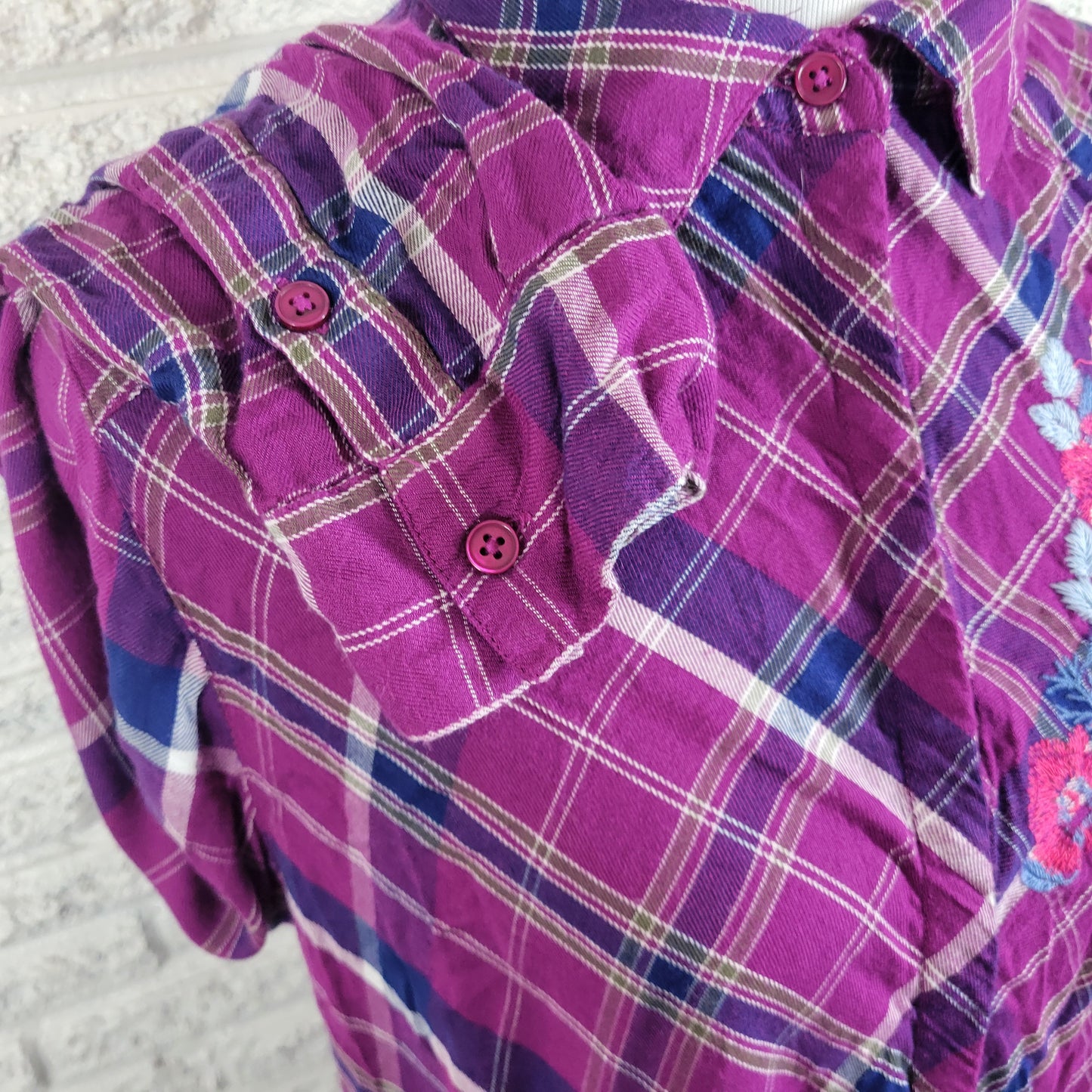 Roamans Long Tunic 16W Womens Purple Plaid Partially Open Embroidered PLA1E