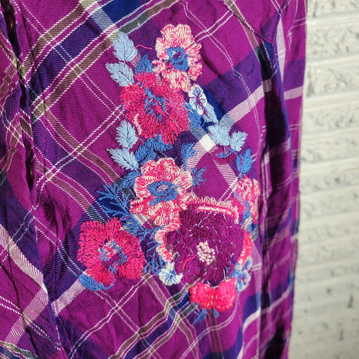 Roamans Long Tunic 16W Womens Purple Plaid Partially Open Embroidered PLA1E
