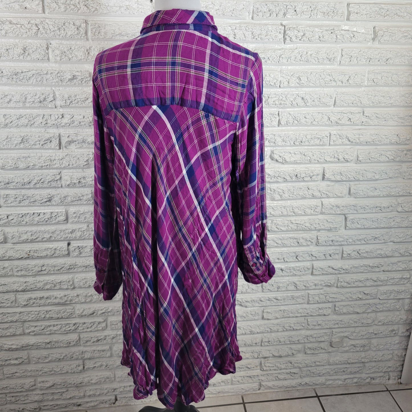Roamans Long Tunic 16W Womens Purple Plaid Partially Open Embroidered PLA1E