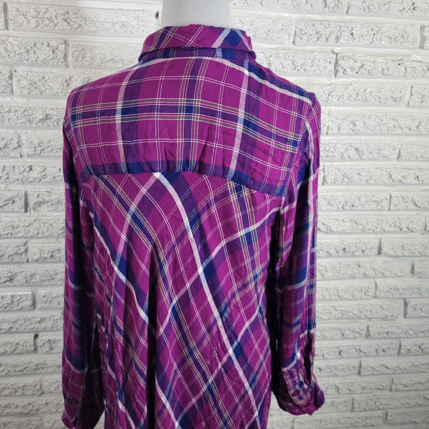 Roamans Long Tunic 16W Womens Purple Plaid Partially Open Embroidered PLA1E