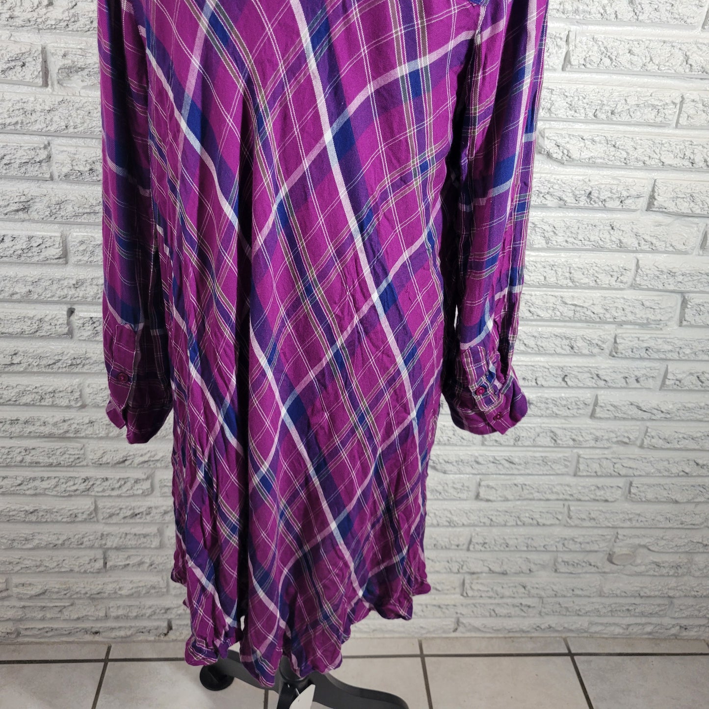 Roamans Long Tunic 16W Womens Purple Plaid Partially Open Embroidered PLA1E