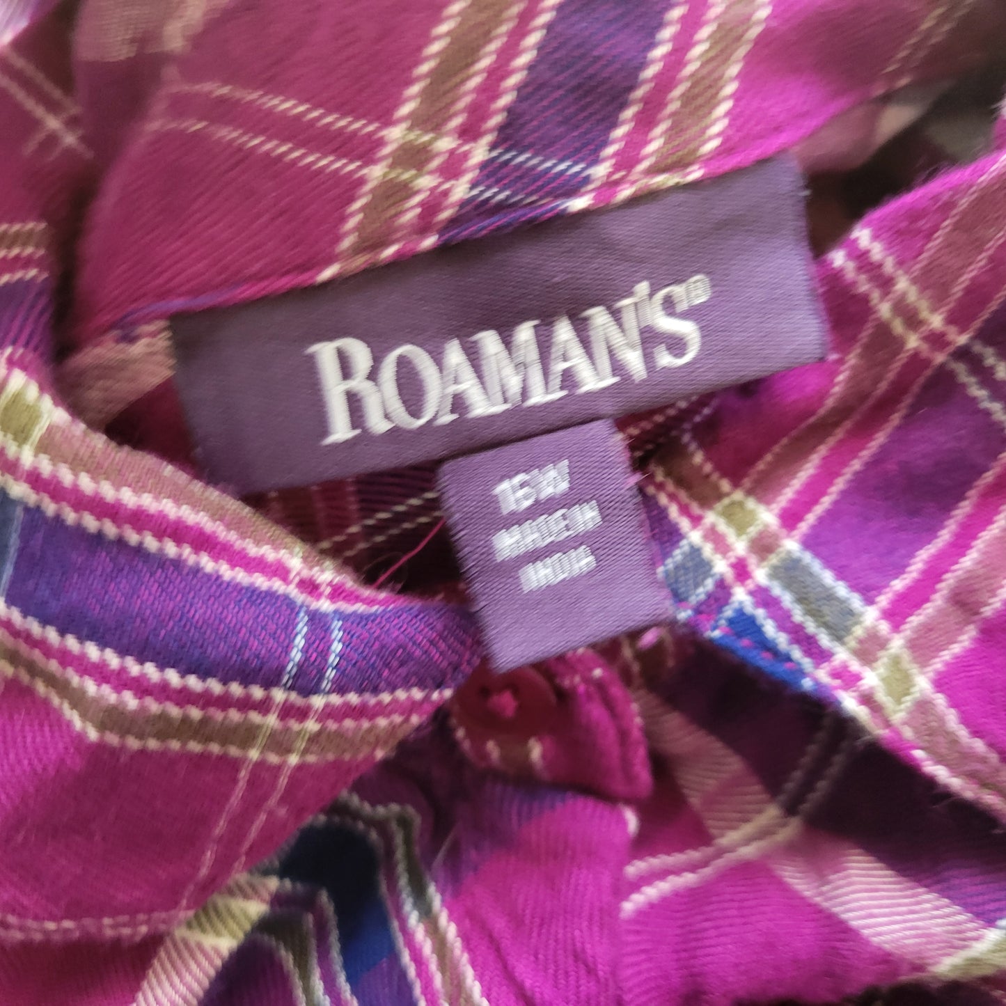 Roamans Long Tunic 16W Womens Purple Plaid Partially Open Embroidered PLA1E