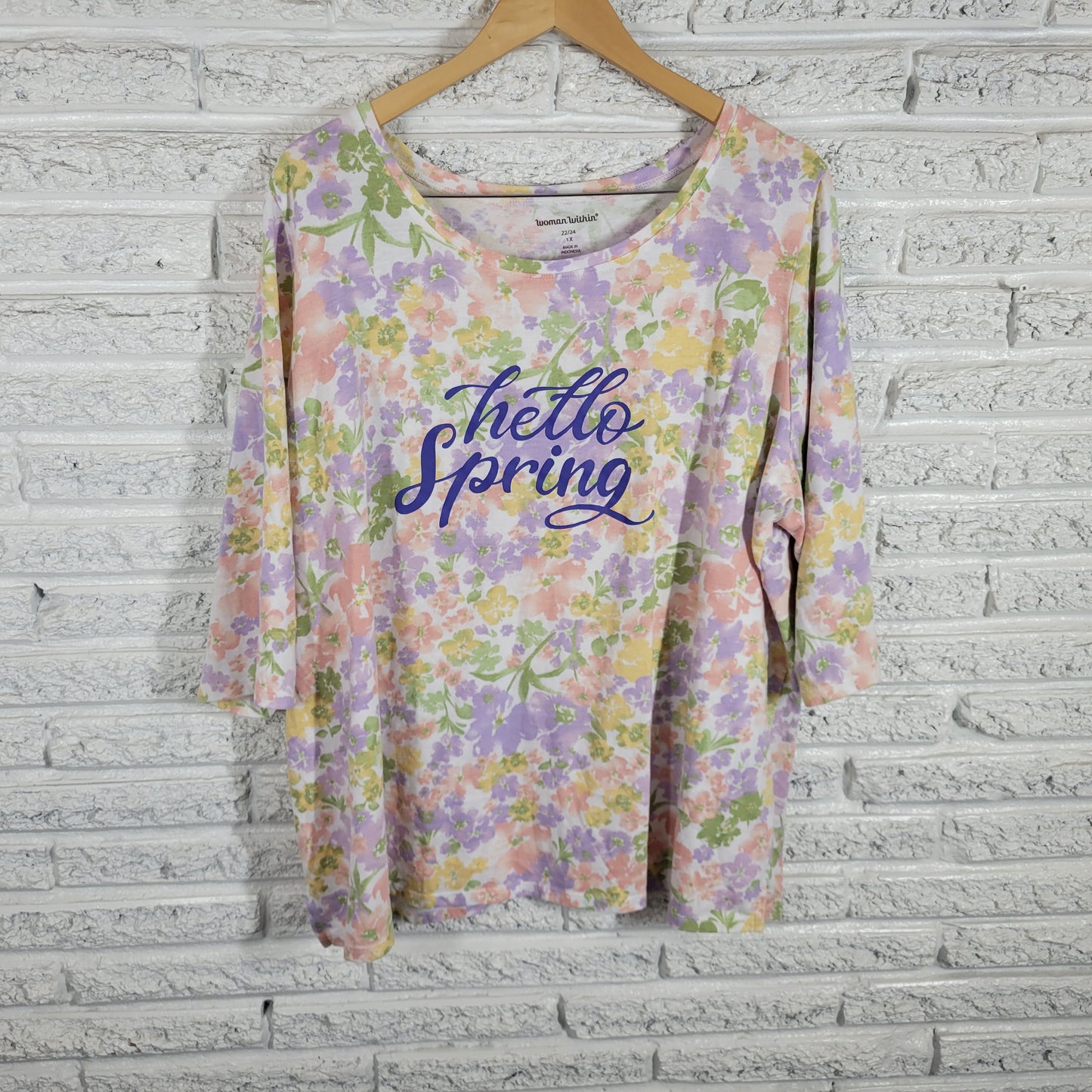 Woman Within Hello Spring Tee 1X Plus Multicolor Floral Cotton Crew Neck FLO205E