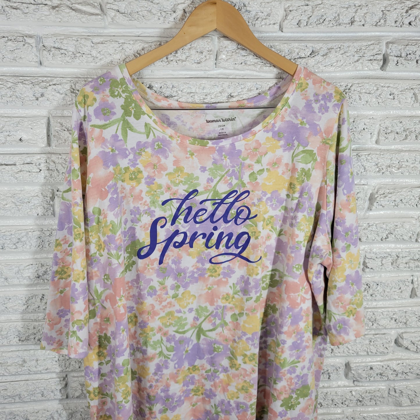 Woman Within Hello Spring Tee 1X Plus Multicolor Floral Cotton Crew Neck FLO205E