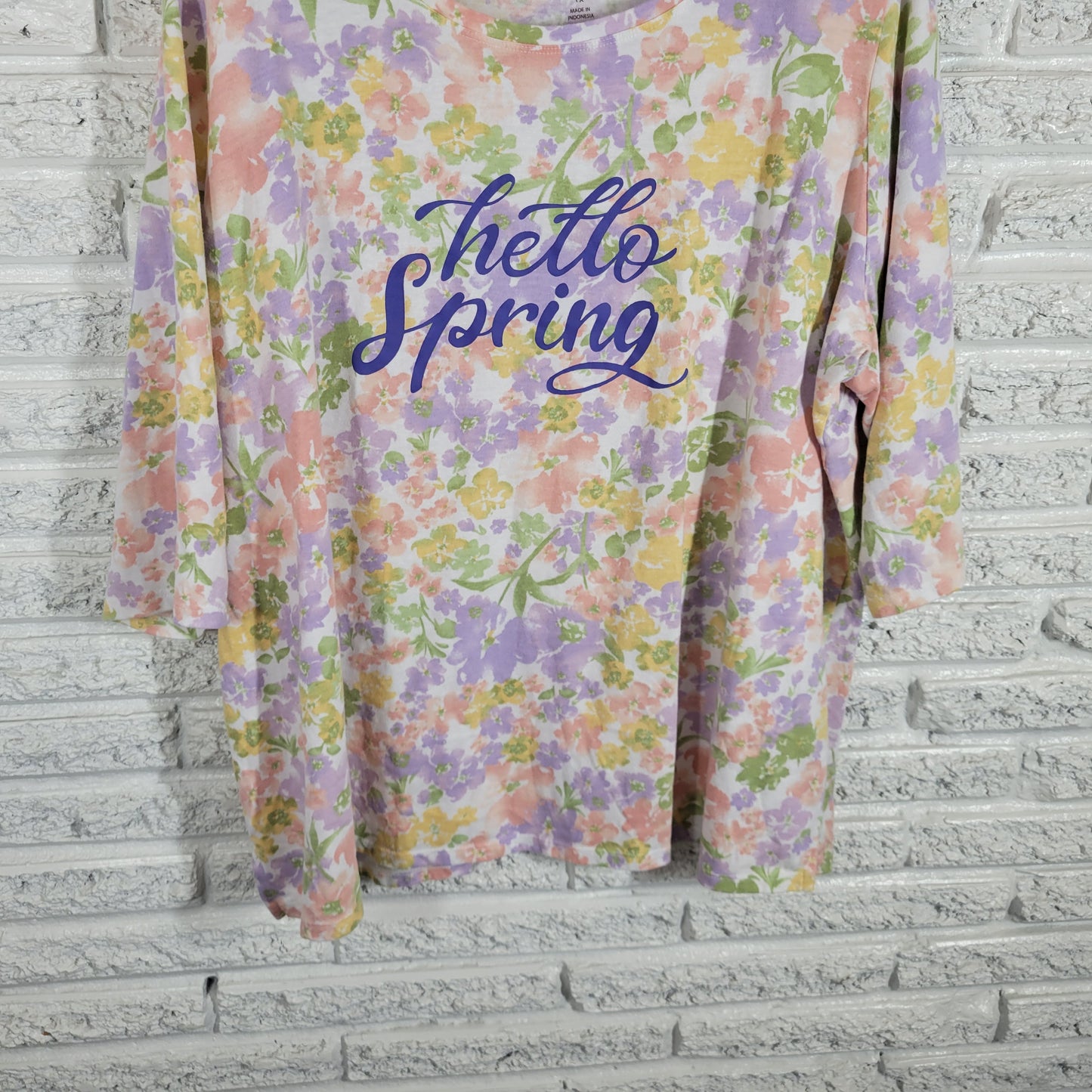 Woman Within Hello Spring Tee 1X Plus Multicolor Floral Cotton Crew Neck FLO205E