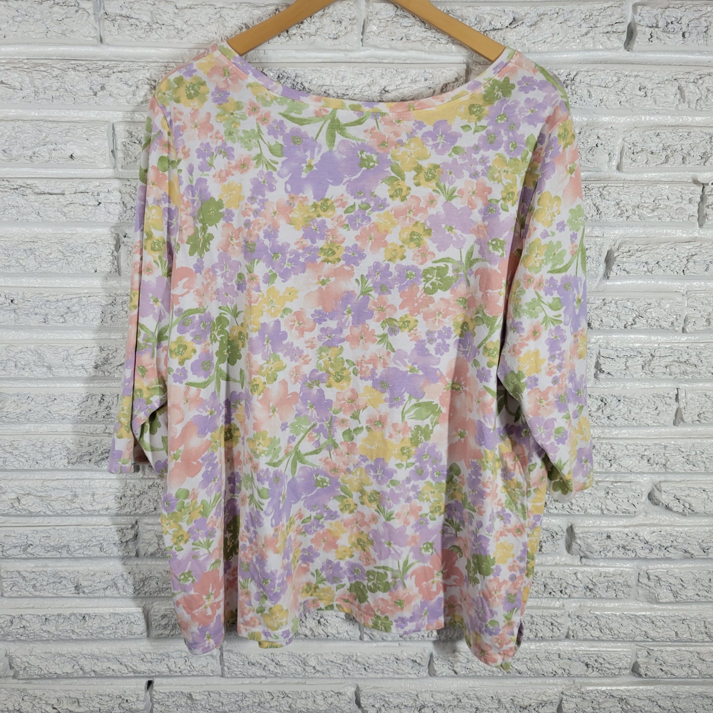 Woman Within Hello Spring Tee 1X Plus Multicolor Floral Cotton Crew Neck FLO205E