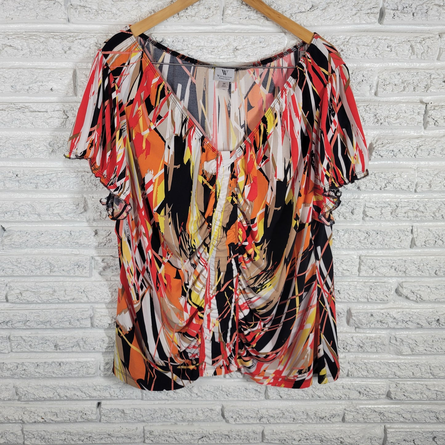 Worthington Plus 3X Top Geometric Watercolor Multicolor Short Sleeve WAT30XE