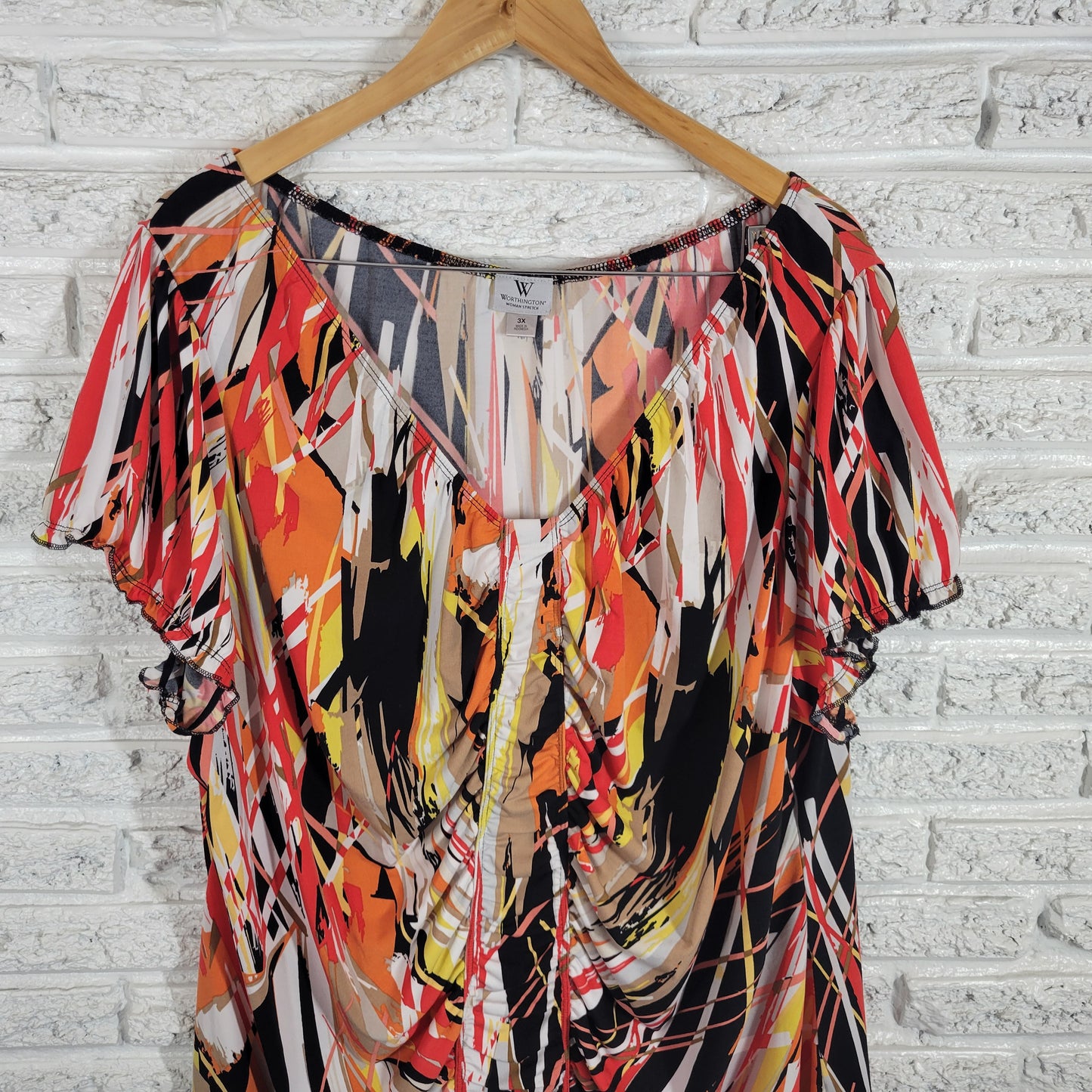 Worthington Plus 3X Top Geometric Watercolor Multicolor Short Sleeve WAT30XE