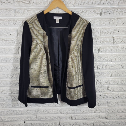 CJ Banks Open Blazer Jacket XL Black Gold Metallic Stripe Lined Party HNGE