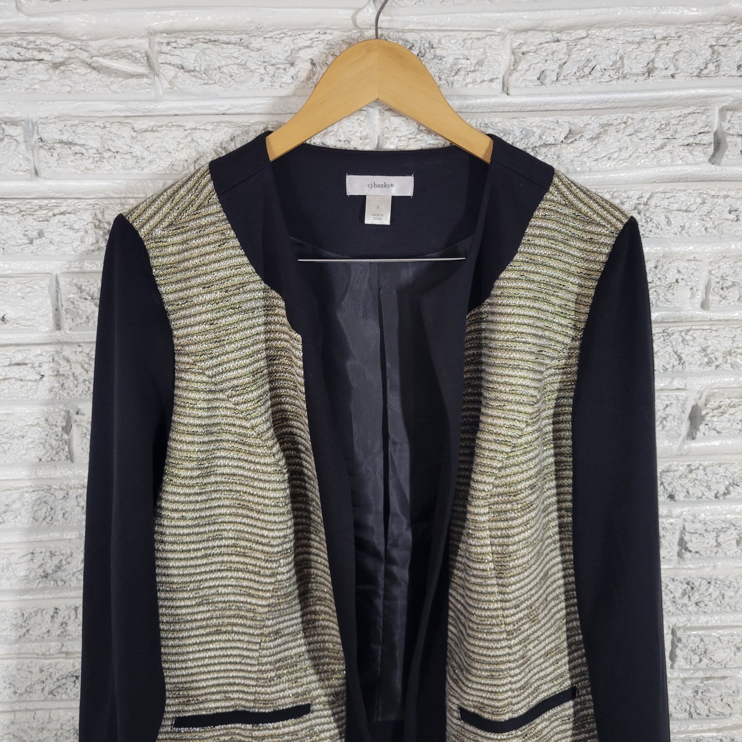 CJ Banks Open Blazer Jacket XL Black Gold Metallic Stripe Lined Party HNGE