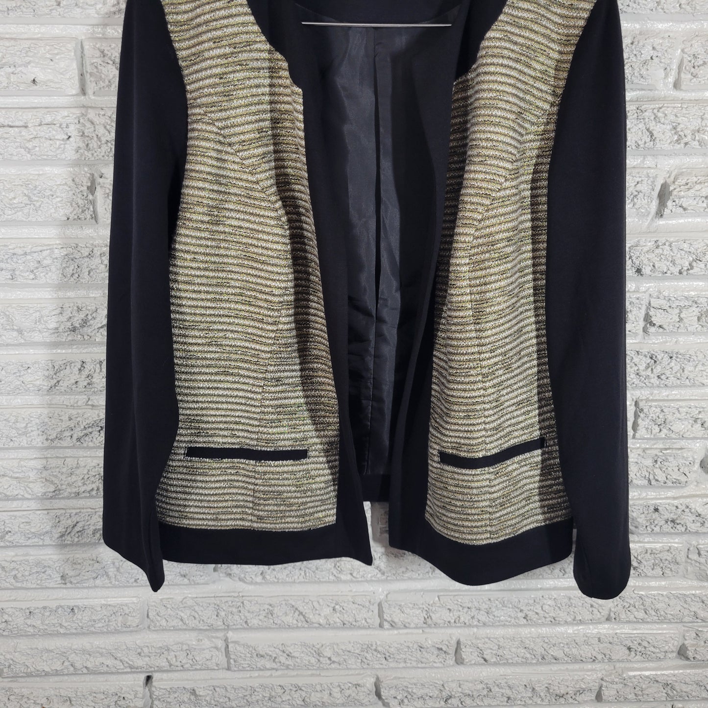 CJ Banks Open Blazer Jacket XL Black Gold Metallic Stripe Lined Party HNGE