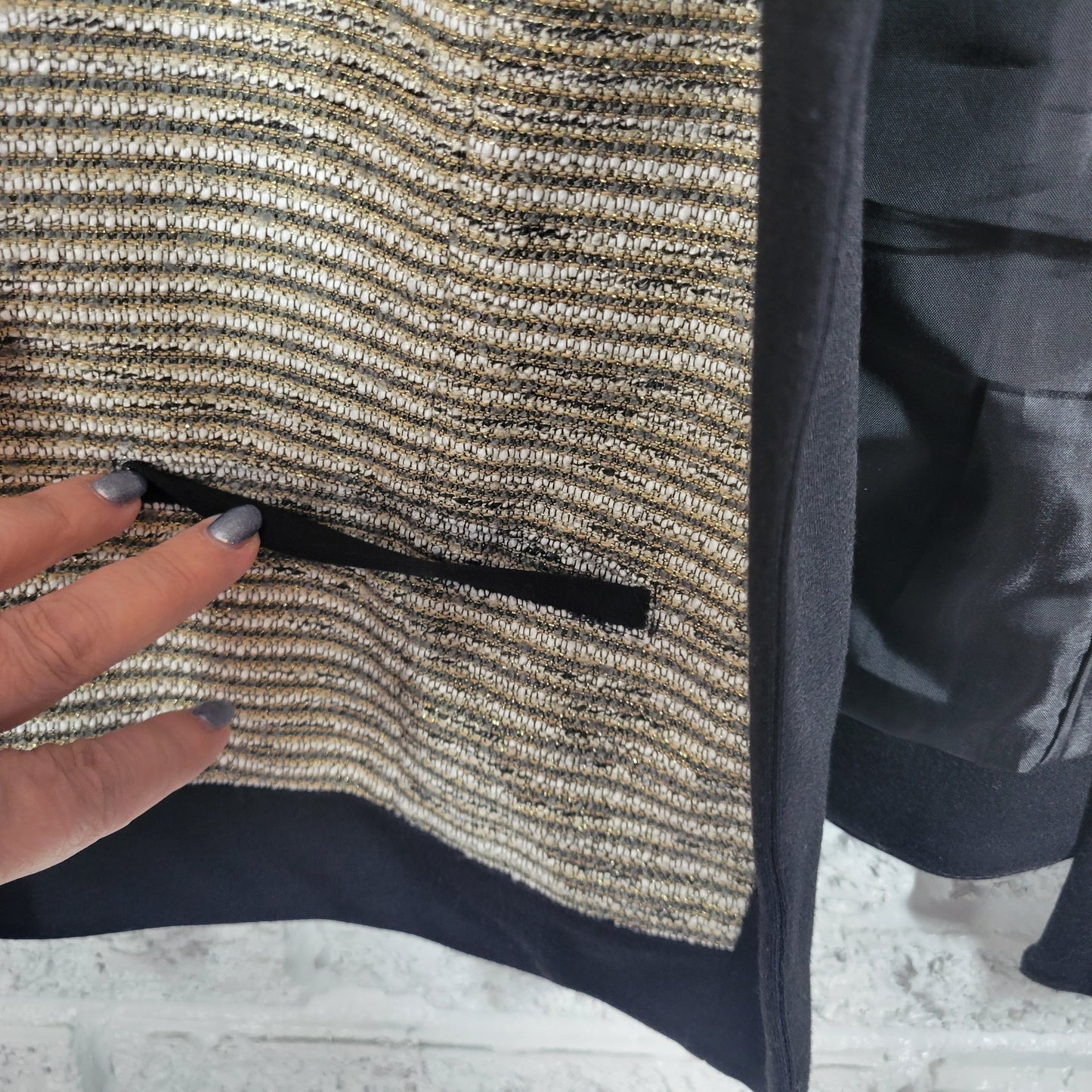 CJ Banks Open Blazer Jacket XL Black Gold Metallic Stripe Lined Party HNGE