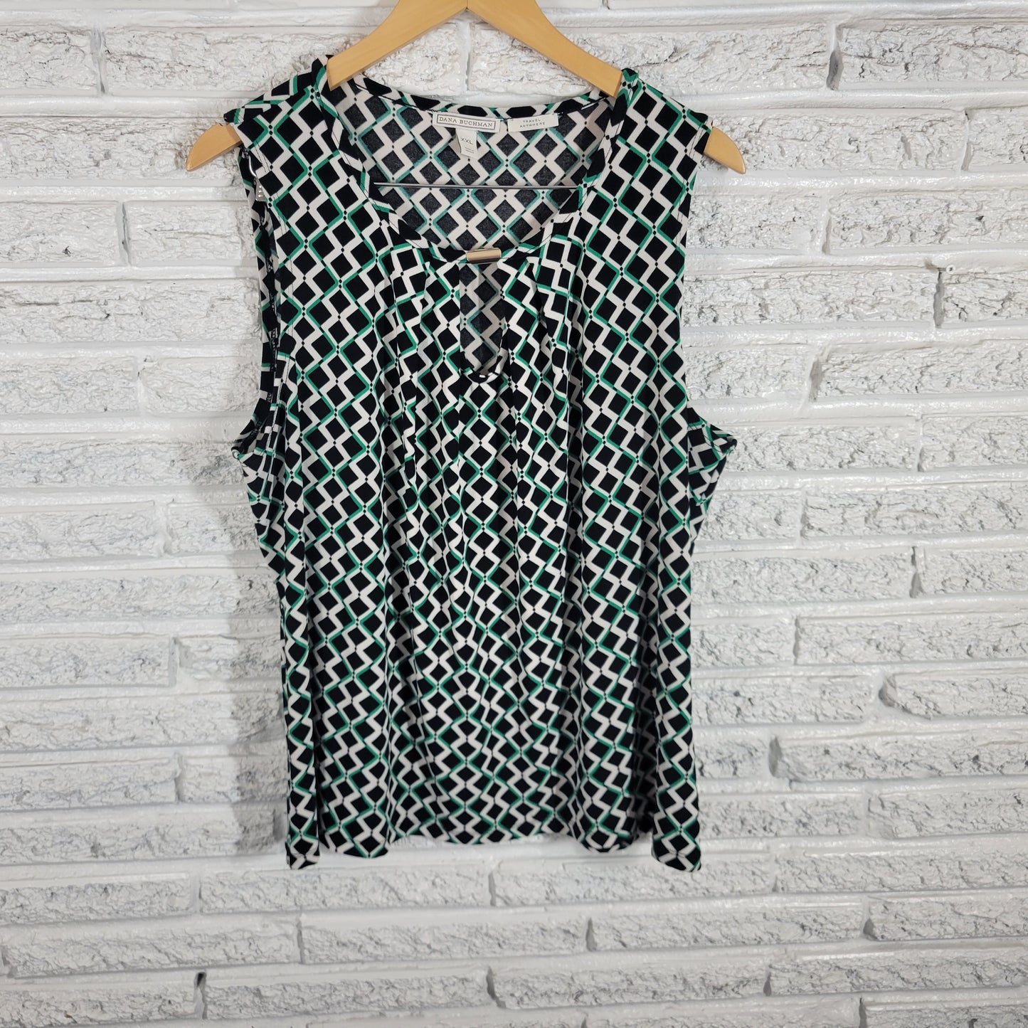 Dana Buchman Blouse XXL Black Green Geometric Sleeveless Knit Top Stretch GEO17E