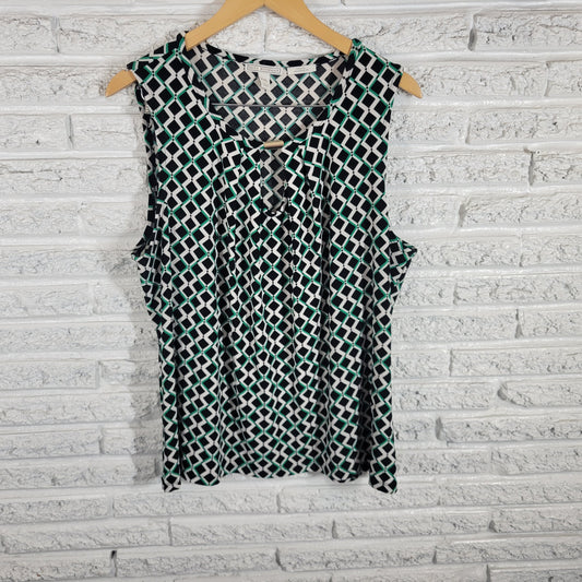 Dana Buchman Blouse XXL Black Green Geometric Sleeveless Knit Top Stretch GEO17E