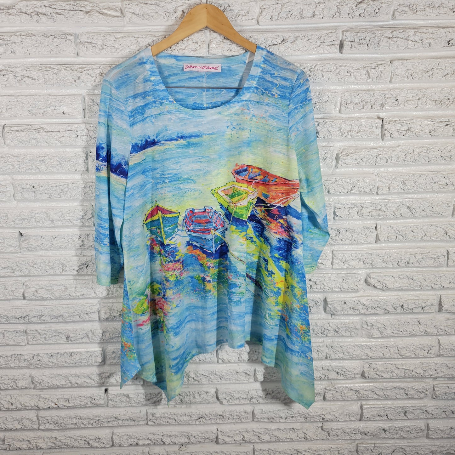 Leoma Lovegrove Womens XL Top Shirt Asymmetric Rowboat Print 3/4 Sleeve B5E
