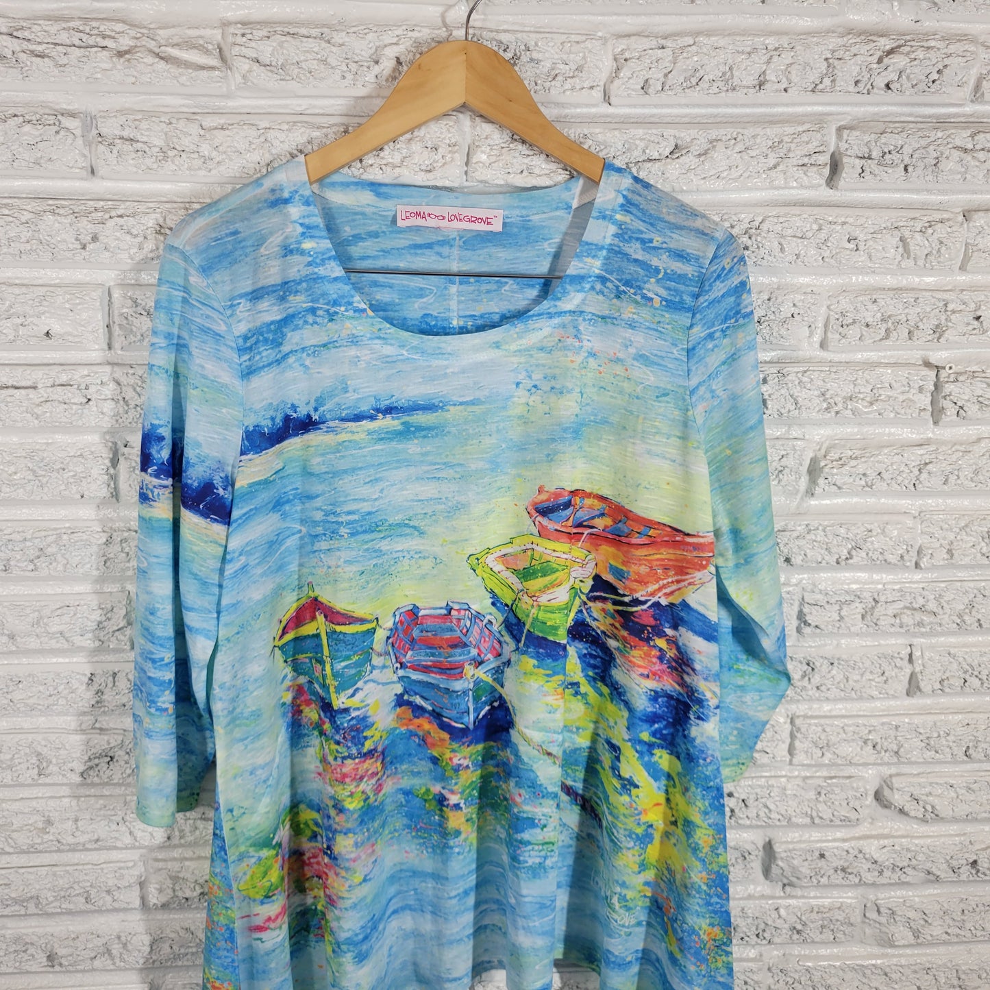 Leoma Lovegrove Womens XL Top Shirt Asymmetric Rowboat Print 3/4 Sleeve B5E