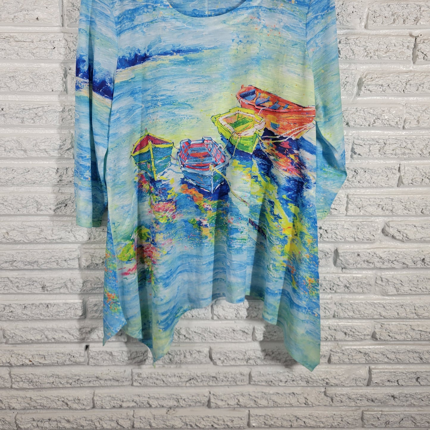 Leoma Lovegrove Womens XL Top Shirt Asymmetric Rowboat Print 3/4 Sleeve B5E