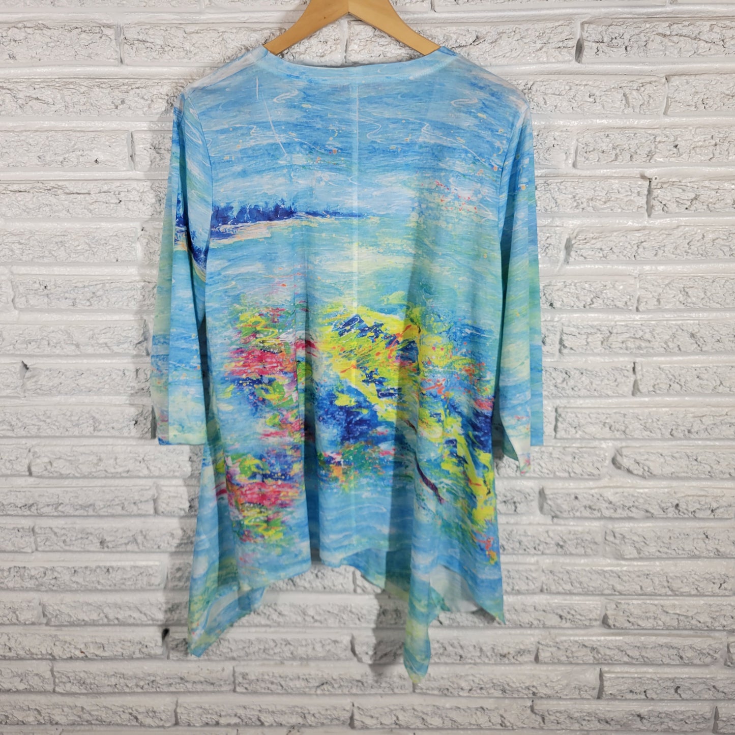 Leoma Lovegrove Womens XL Top Shirt Asymmetric Rowboat Print 3/4 Sleeve B5E