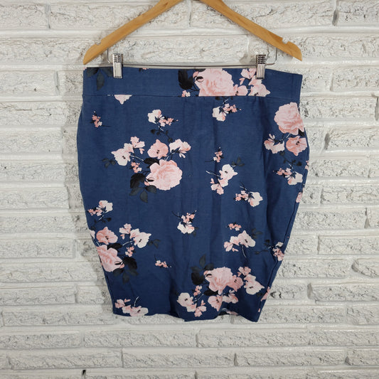 Torrid 1X Skirt Womens Plus Blue Floral Mini Pencil Slit Pull On FLO209E