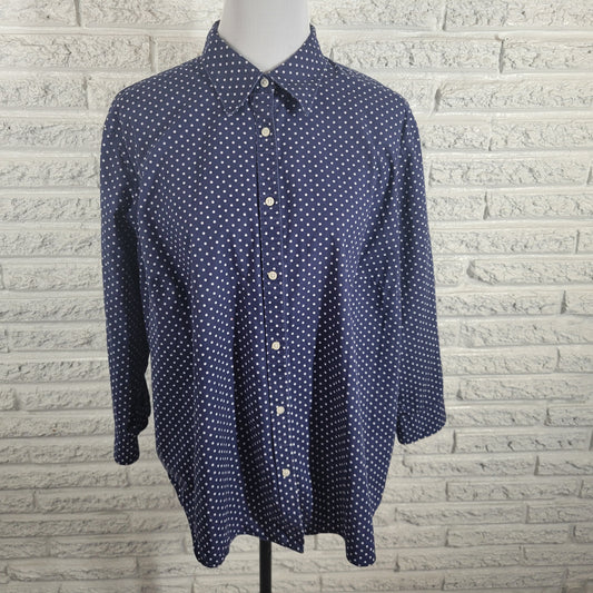 Lauren Ralph Lauren 2X Top Blue White Polka Dot Cotton Non Iron Button GEO28E