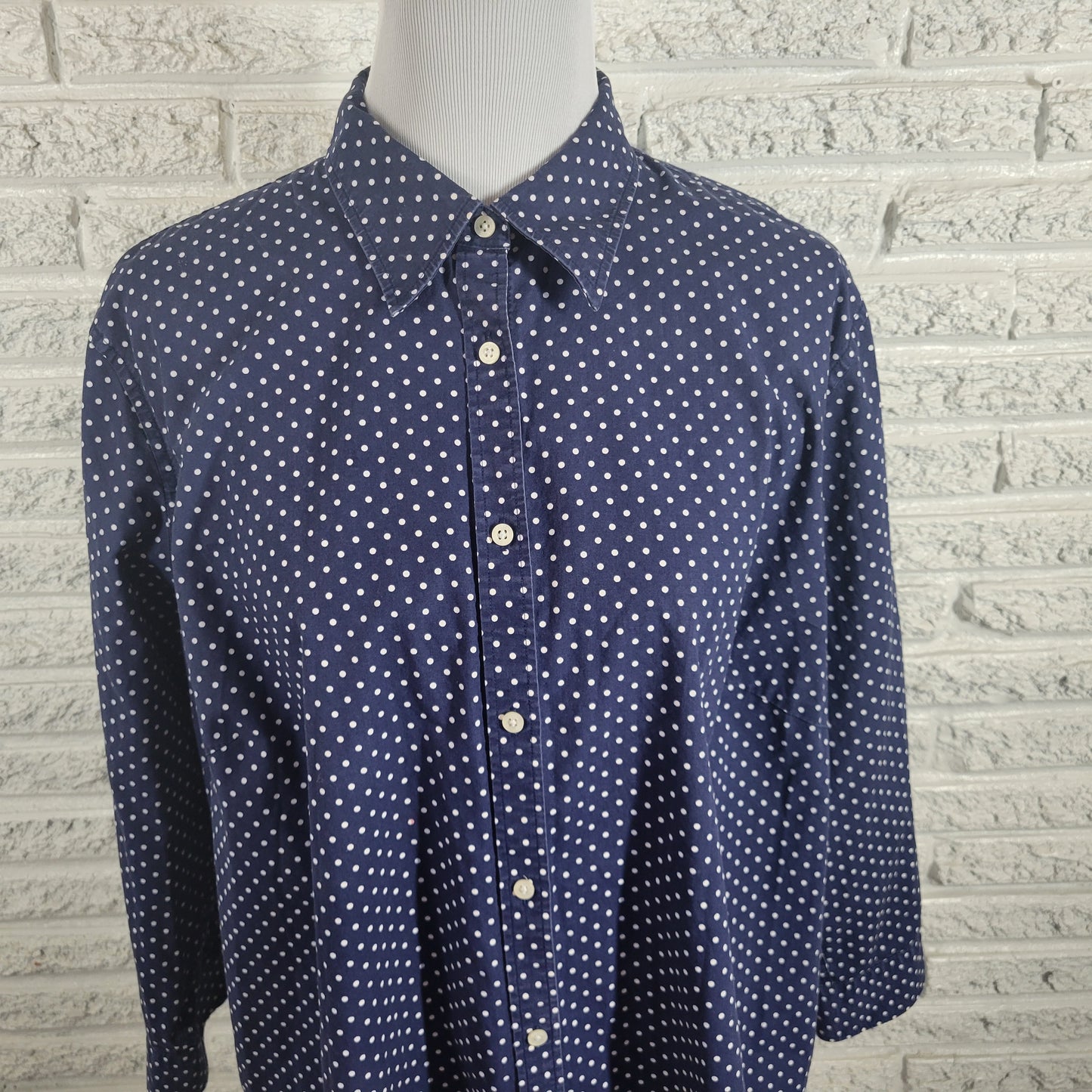 Lauren Ralph Lauren 2X Top Blue White Polka Dot Cotton Non Iron Button GEO28E