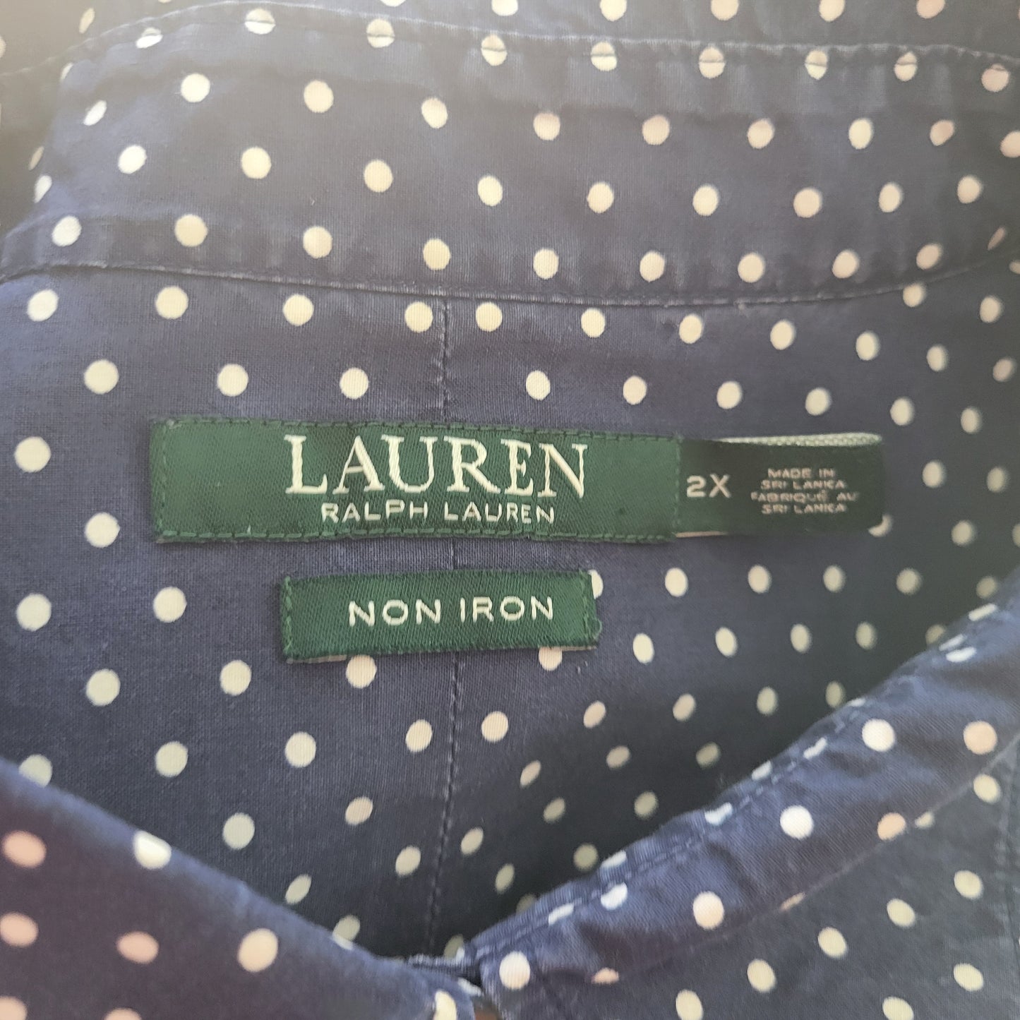 Lauren Ralph Lauren 2X Top Blue White Polka Dot Cotton Non Iron Button GEO28E
