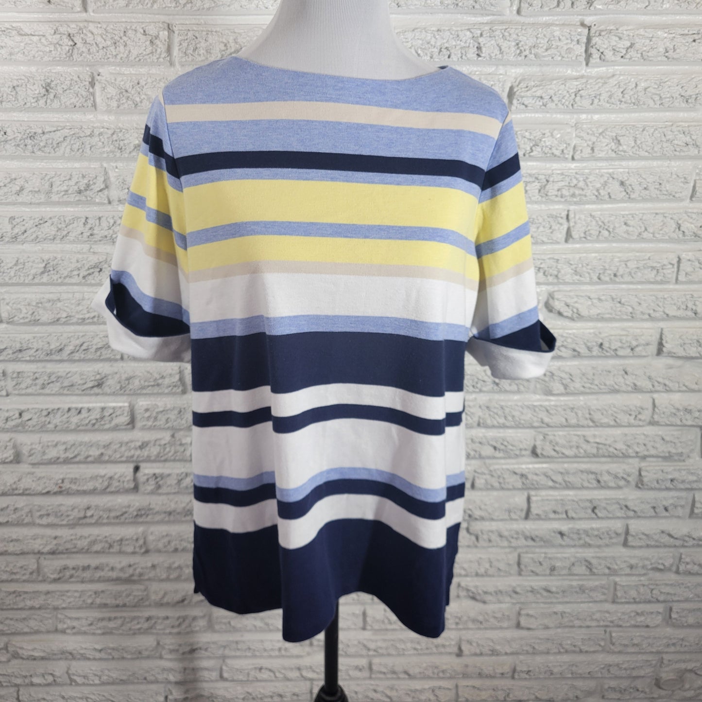 Karen Scott Striped Tee Top 1X Plus Blue Yellow Short Sleeve Crew Neck STR98E