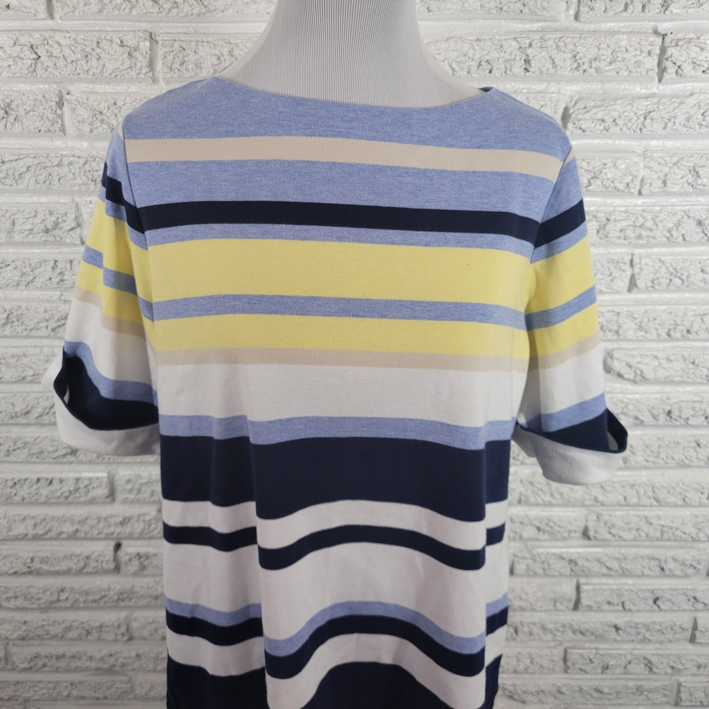 Karen Scott Striped Tee Top 1X Plus Blue Yellow Short Sleeve Crew Neck STR98E