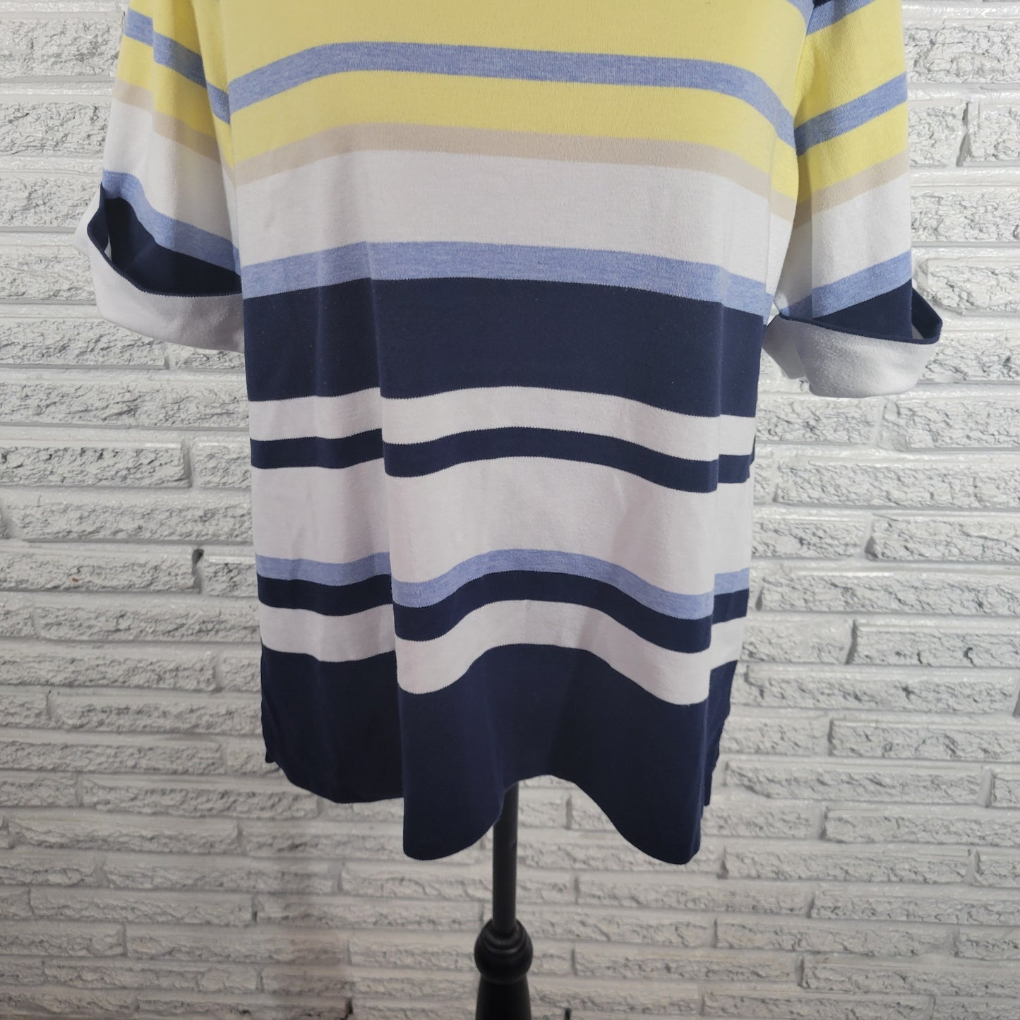 Karen Scott Striped Tee Top 1X Plus Blue Yellow Short Sleeve Crew Neck STR98E