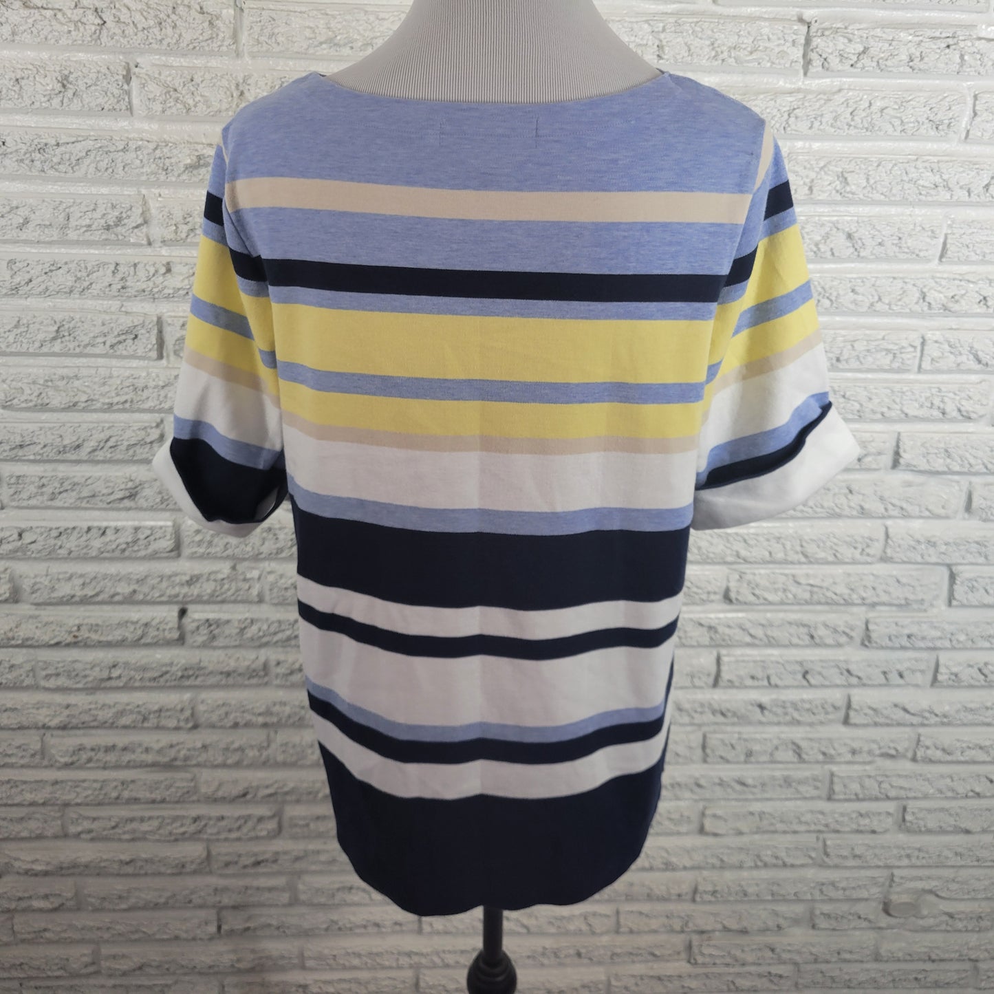 Karen Scott Striped Tee Top 1X Plus Blue Yellow Short Sleeve Crew Neck STR98E