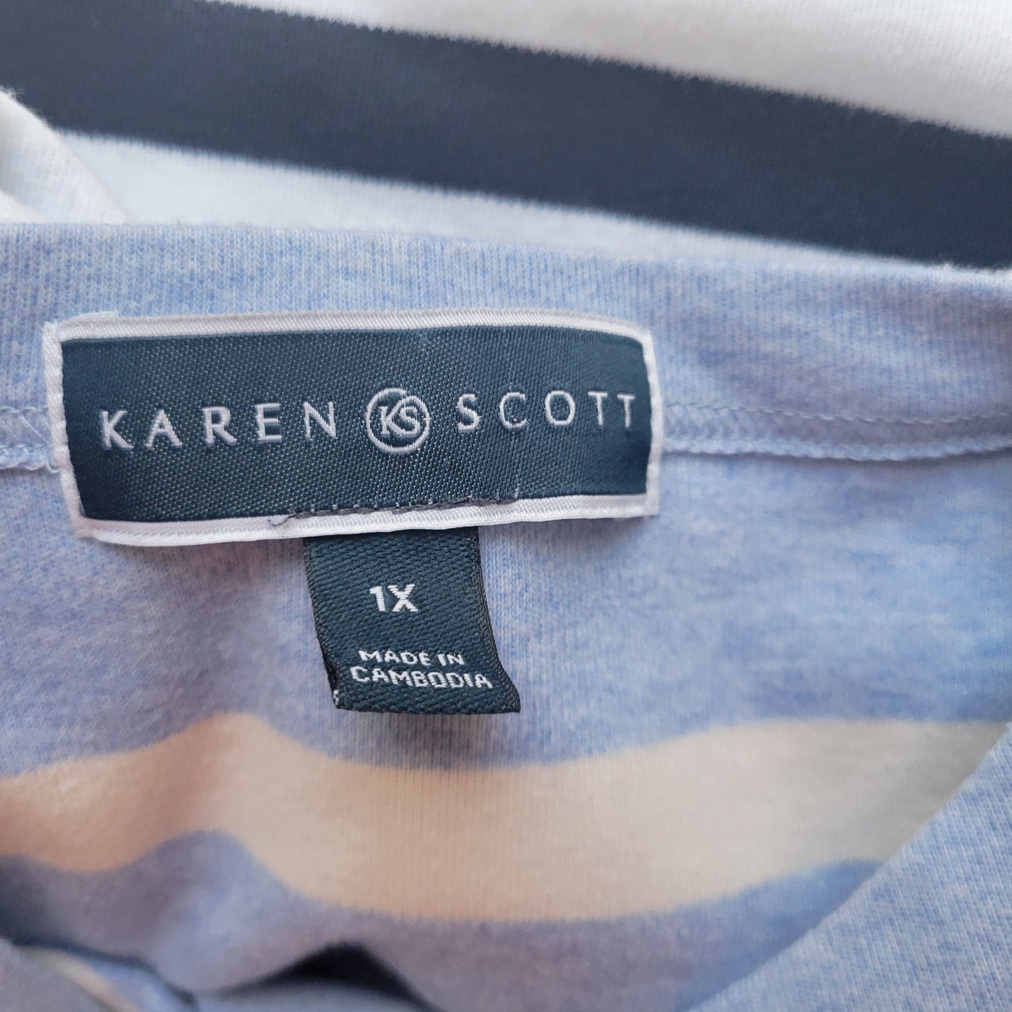 Karen Scott Striped Tee Top 1X Plus Blue Yellow Short Sleeve Crew Neck STR98E