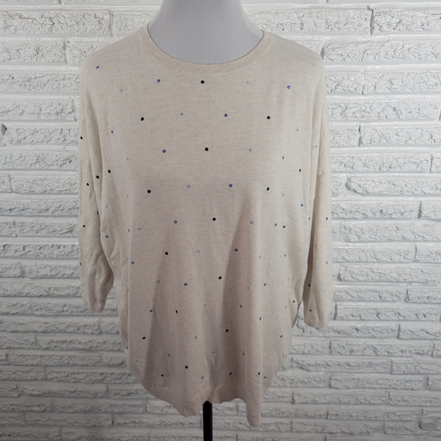 J Jill Sweater XL Cotton Knit Multicolor Polka Dot Crew Neck 3/4 Sleeve GEO9E