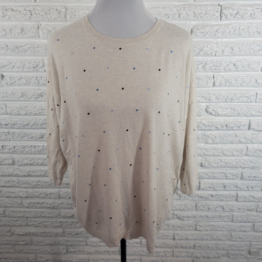 J Jill Sweater XL Cotton Knit Multicolor Polka Dot Crew Neck 3/4 Sleeve GEO9E