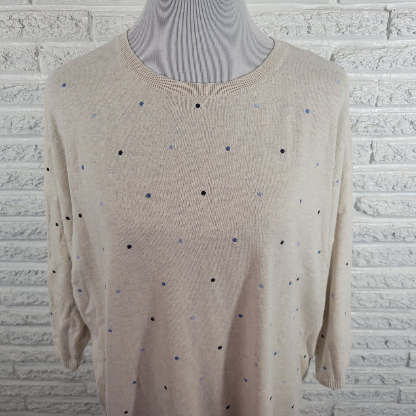 J Jill Sweater XL Cotton Knit Multicolor Polka Dot Crew Neck 3/4 Sleeve GEO9E