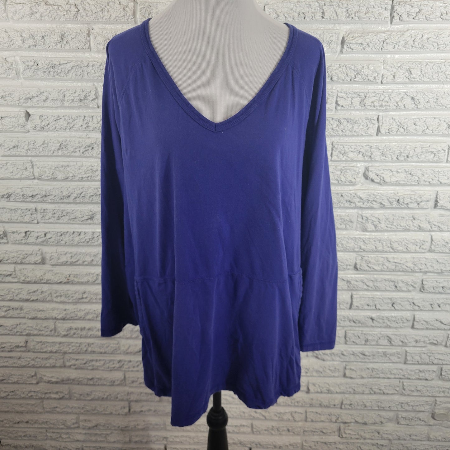 Dreams Co Smock Tee Top 2X Plus Blue Cotton Long Sleeve V Neck Pockets BLU34E