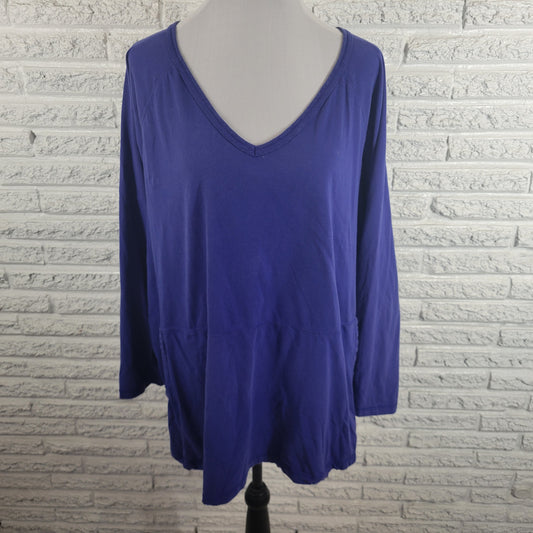 Dreams Co Smock Tee Top 2X Plus Blue Cotton Long Sleeve V Neck Pockets BLU34E