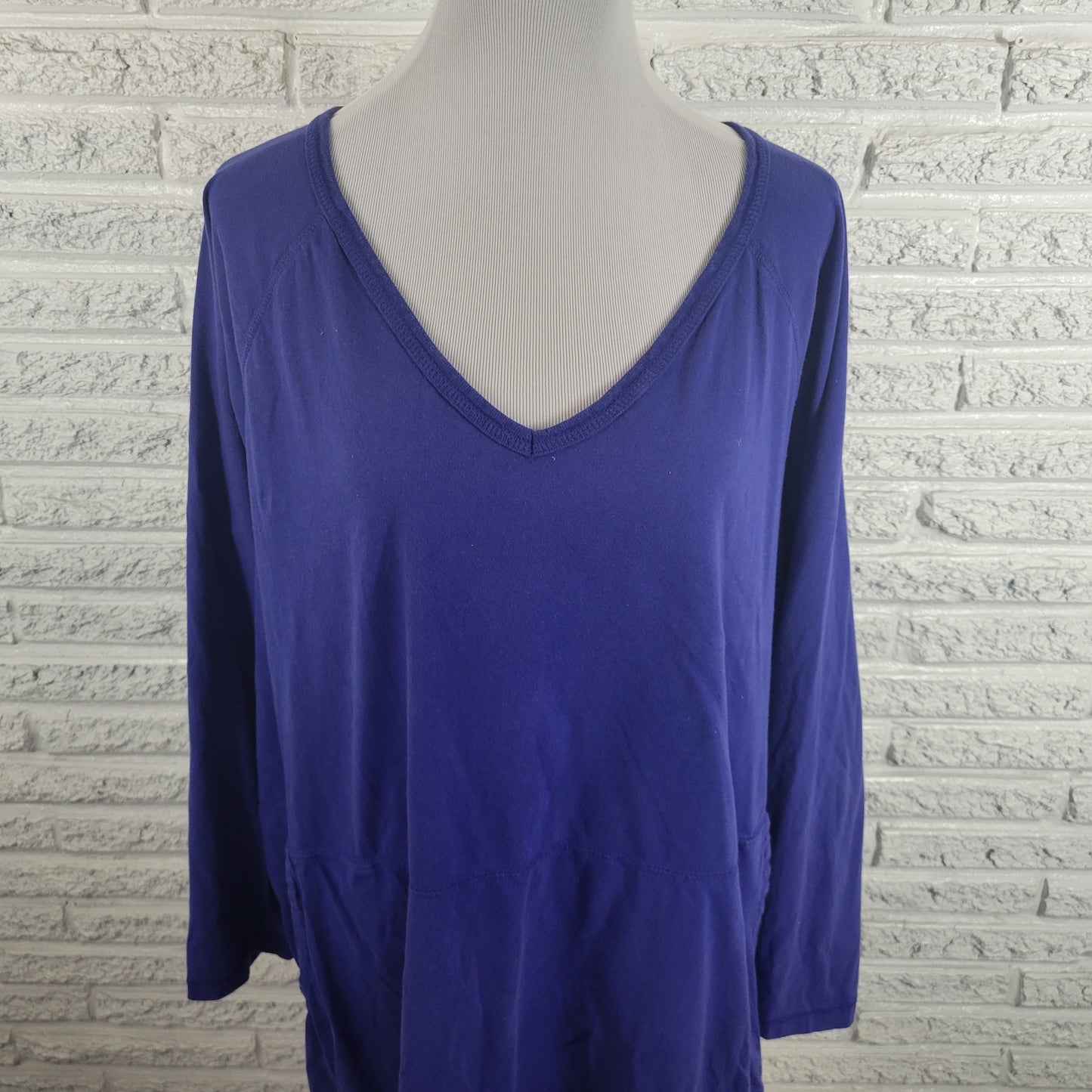 Dreams Co Smock Tee Top 2X Plus Blue Cotton Long Sleeve V Neck Pockets BLU34E