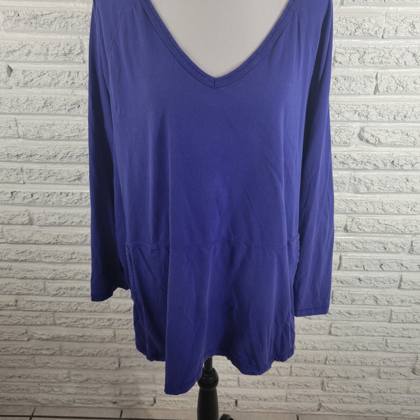 Dreams Co Smock Tee Top 2X Plus Blue Cotton Long Sleeve V Neck Pockets BLU34E